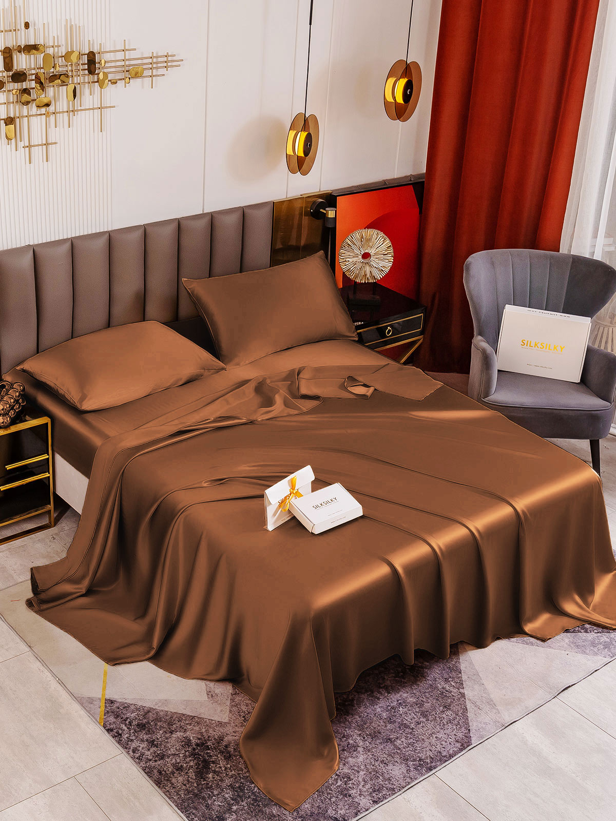 SilkSilky FR 19Momme Pure Soie Bedding Set Café 001