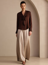 [Chocolat Noir] SilkSilky-FR Long Sleeve Tie Neck Blouse 005
