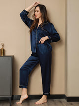 [Bleu Foncé] SilkSilky-FR Long Sleeve Lapel Collar Femme Pyjamas 006