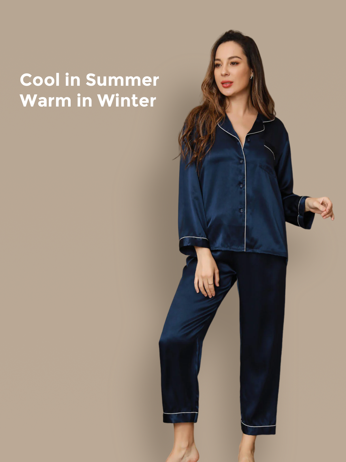 [Bleu Foncé] SilkSilky-FR Pure Soie Womens Pajamas 001
