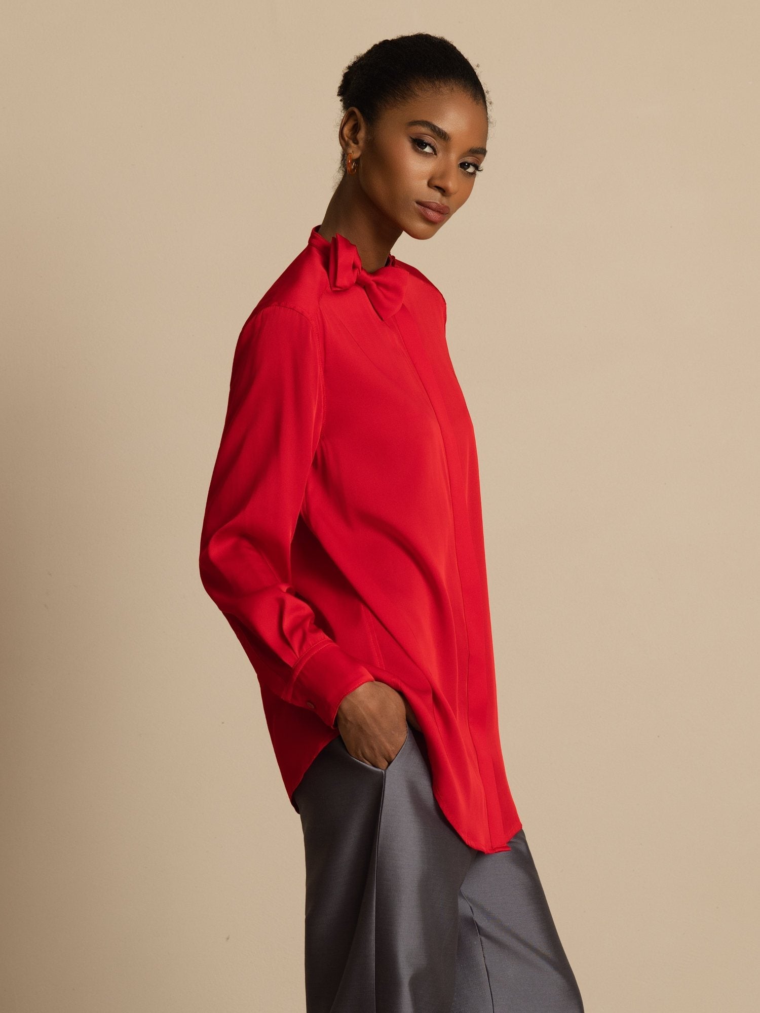 [RougeVineux] SilkSilky-FR 19Momme Soie Manches longues Col Montant Blouse 006