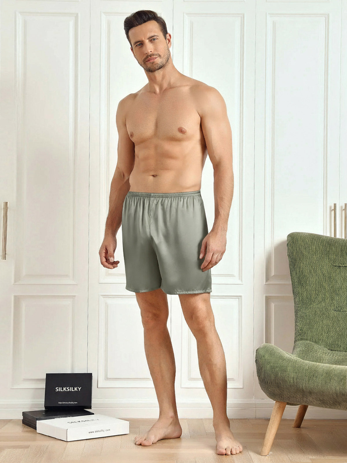 [Vert Grisâtre] SilkSilky-FR Pure Soie Mens Sleep Bottoms 005