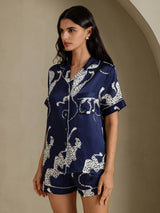 [Guépard Bleu Marine] SilkSilky-FR Short Sleeve Notch Collar Femme Pyjamas 003