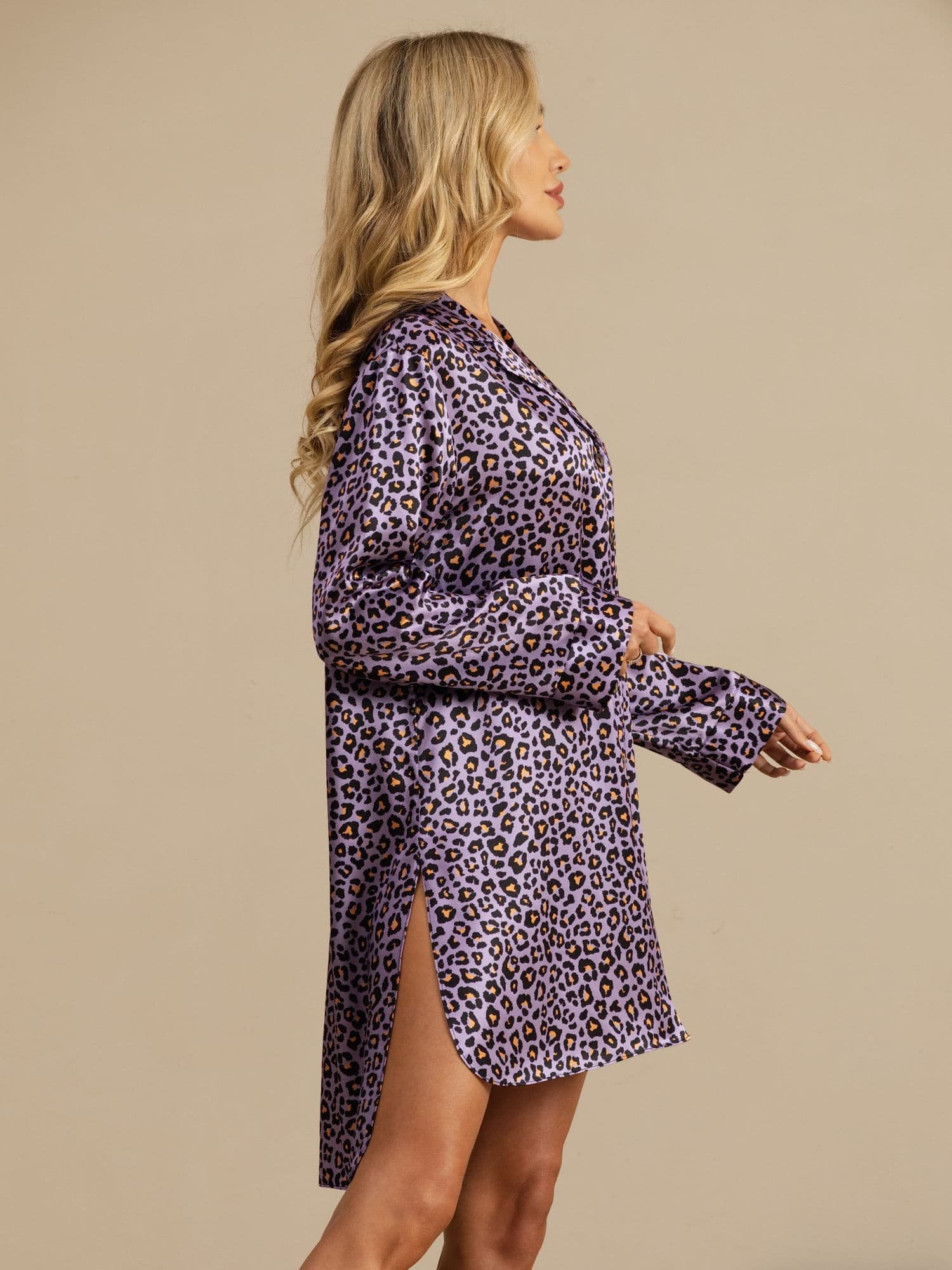 [Léopard Violet] SilkSilky-FR 19Momme Manches longues Chemise pour dormir 004