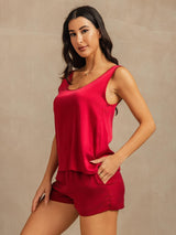 [Rouge Vineux] SilkSilky-FR 19Momme Sans manches Encolure Dégagée Femme Pyjamas 003
