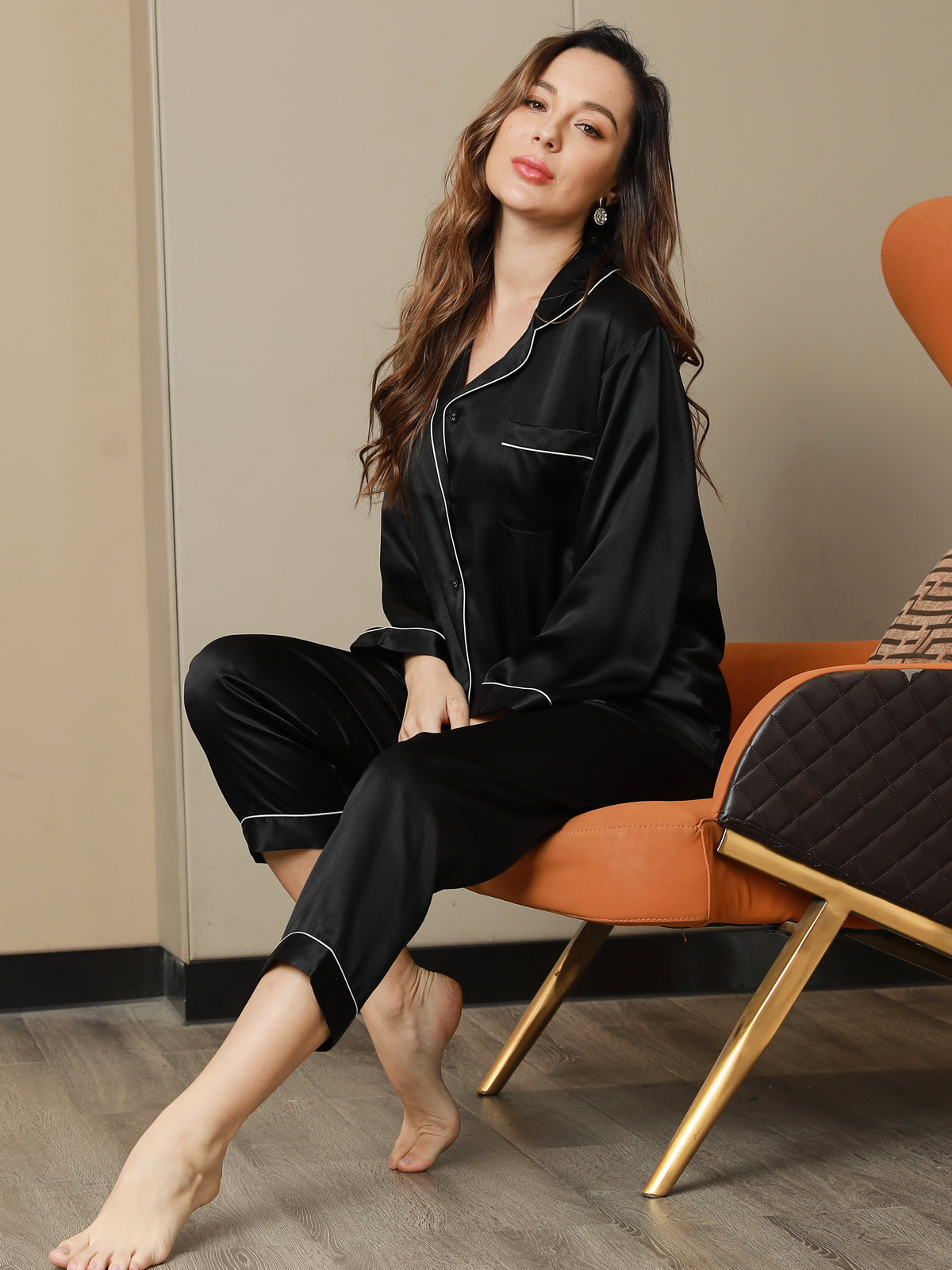 [Noir] SilkSilky-FR Pure Soie Womens Pajamas 001