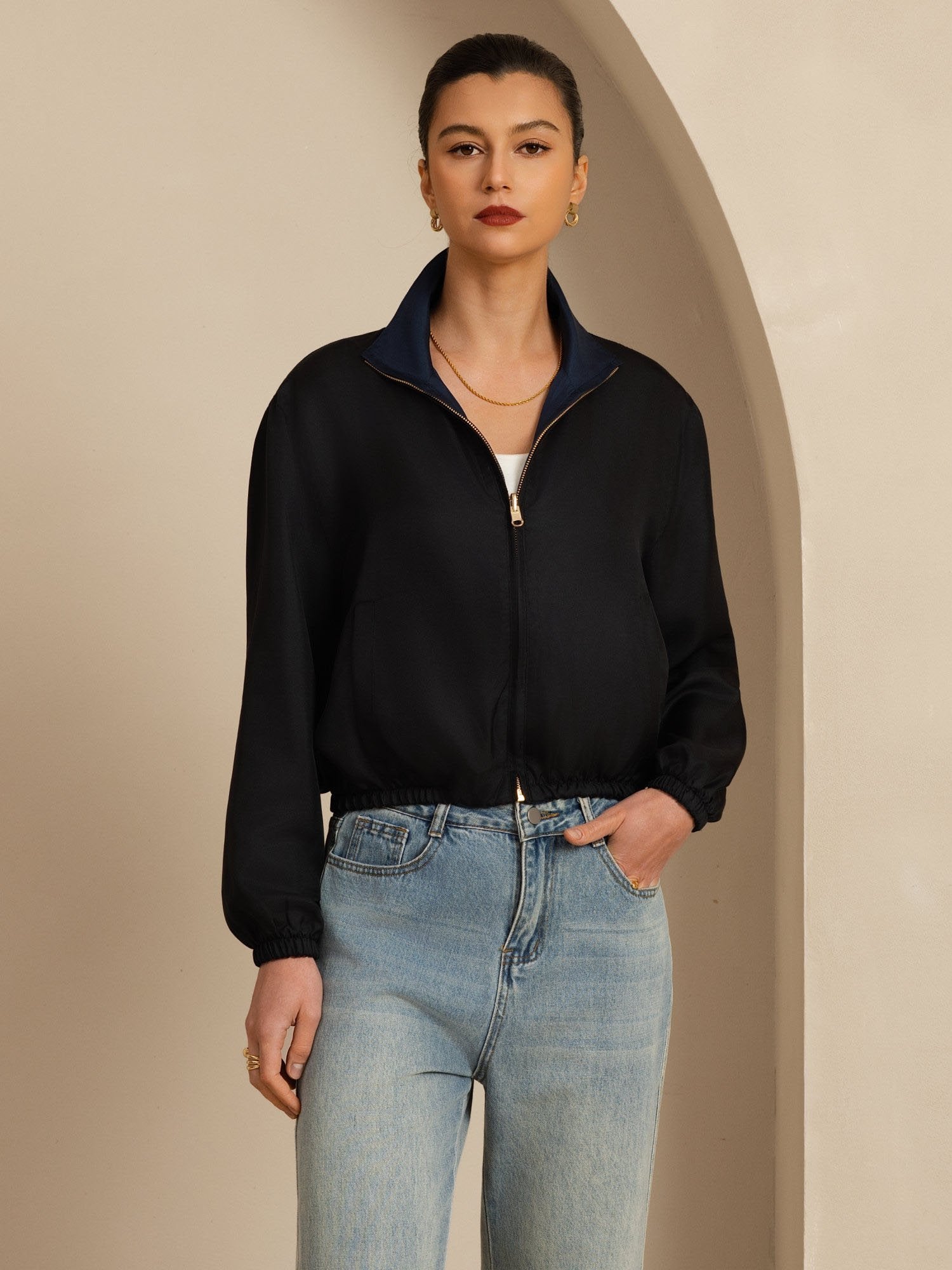 [Noir+BleuFoncé] SilkSilky-FR 18Momme Manches longues Col Montant Femme Manteaux 005