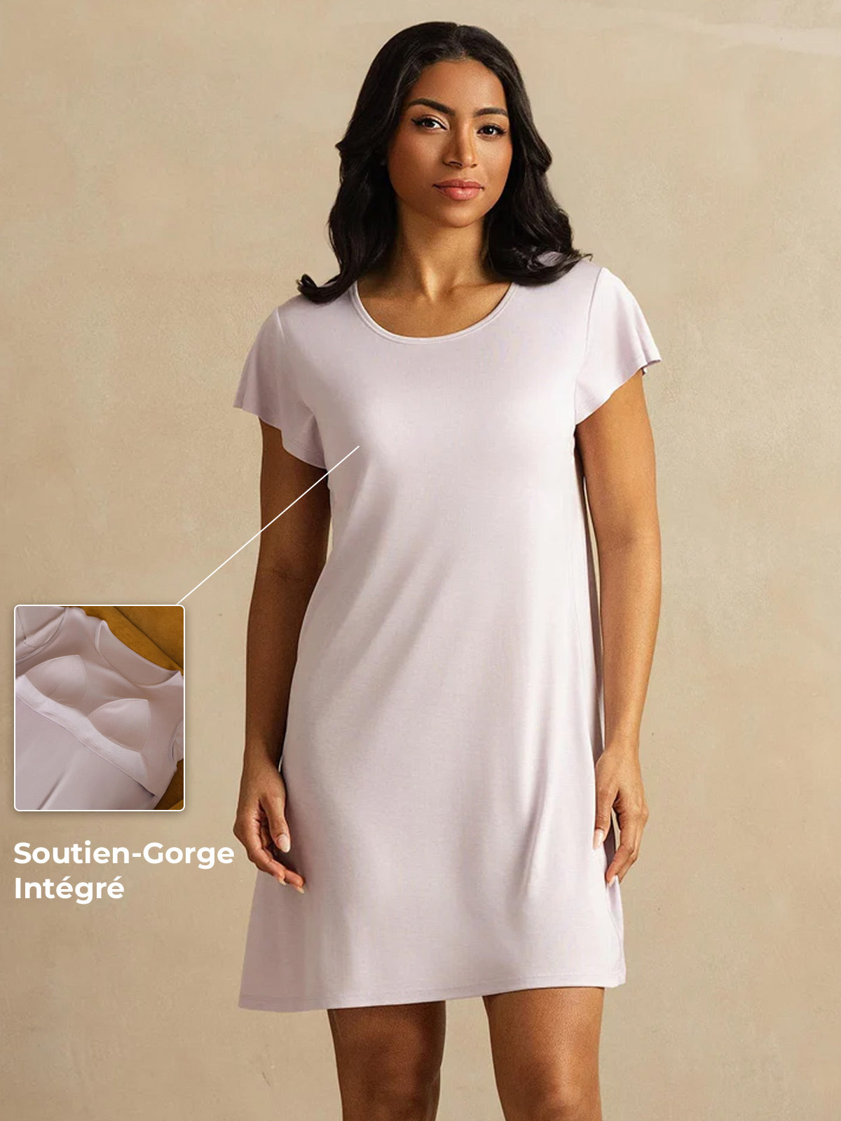 Soie Pure Chemise de Nuit Courte à Col Rond avec Design de Coussinets de Poitrine