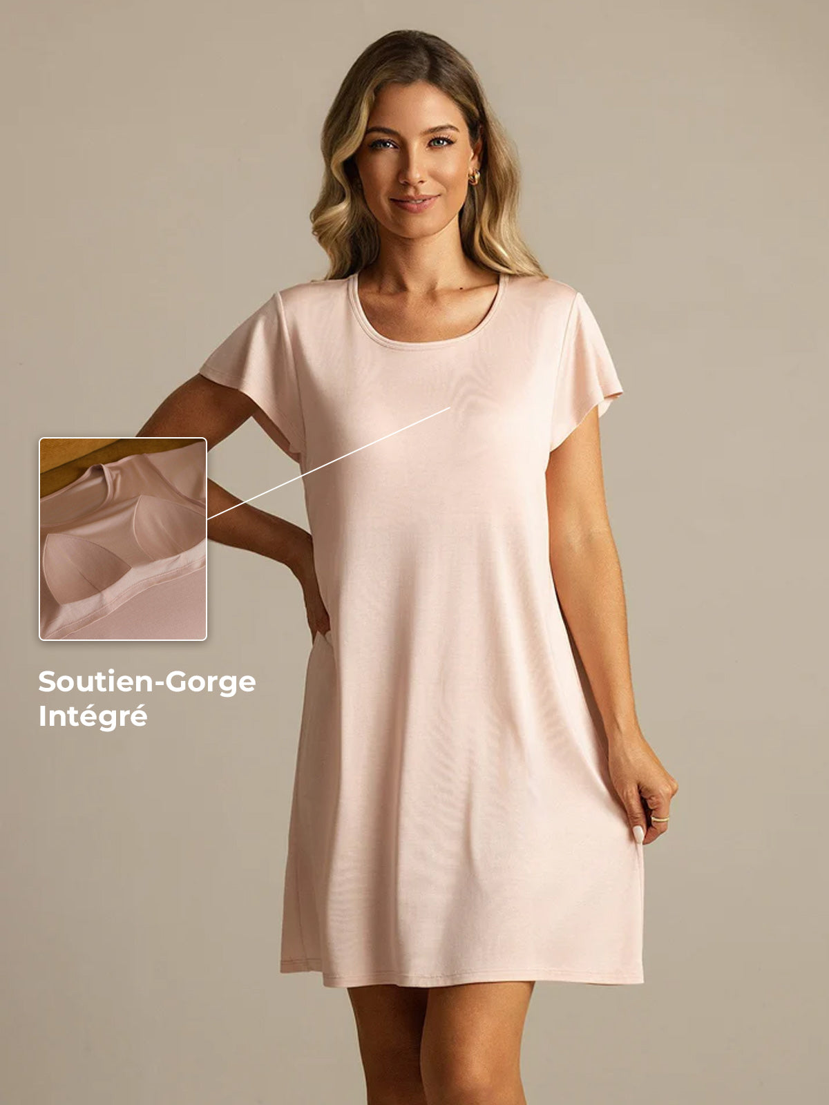 Soie Pure Chemise de Nuit Courte à Col Rond avec Design de Coussinets de Poitrine