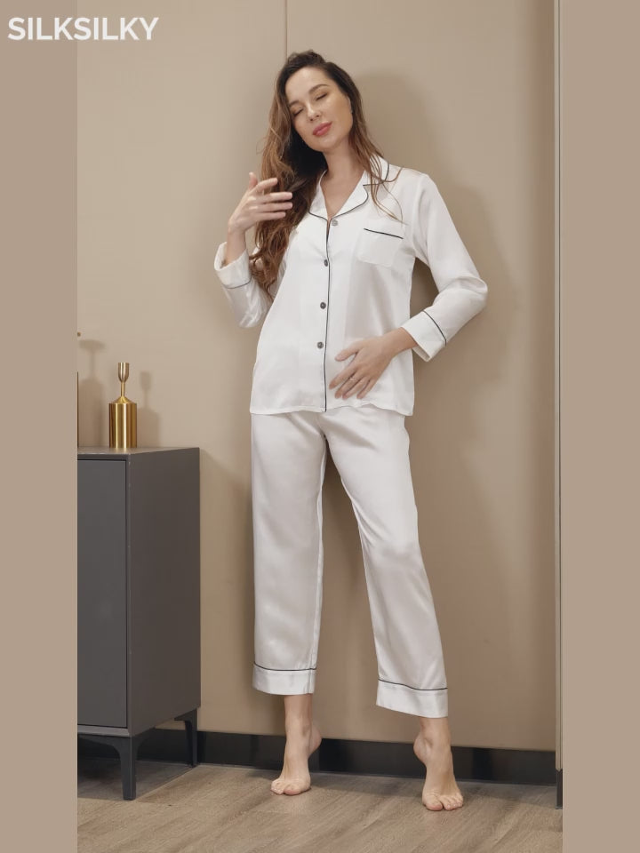 SilkSilky-FR Pure Soie Manches longues Revers Femme Pyjamas video 001