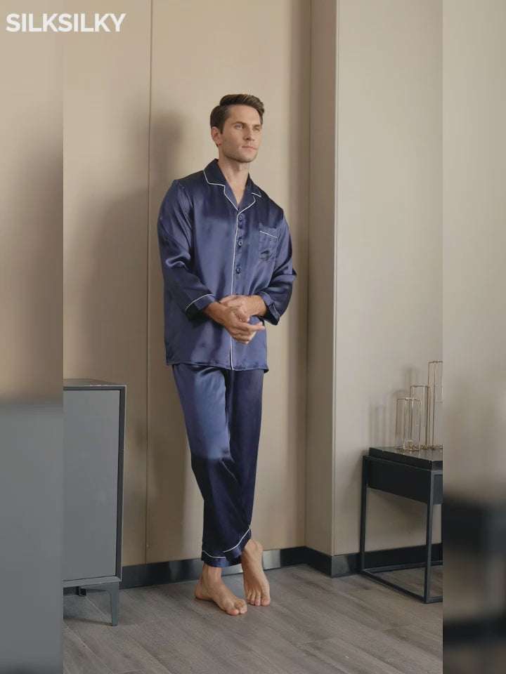 SilkSilky-FR Pure Soie Manches longues Revers Homme Pyjamas video 001