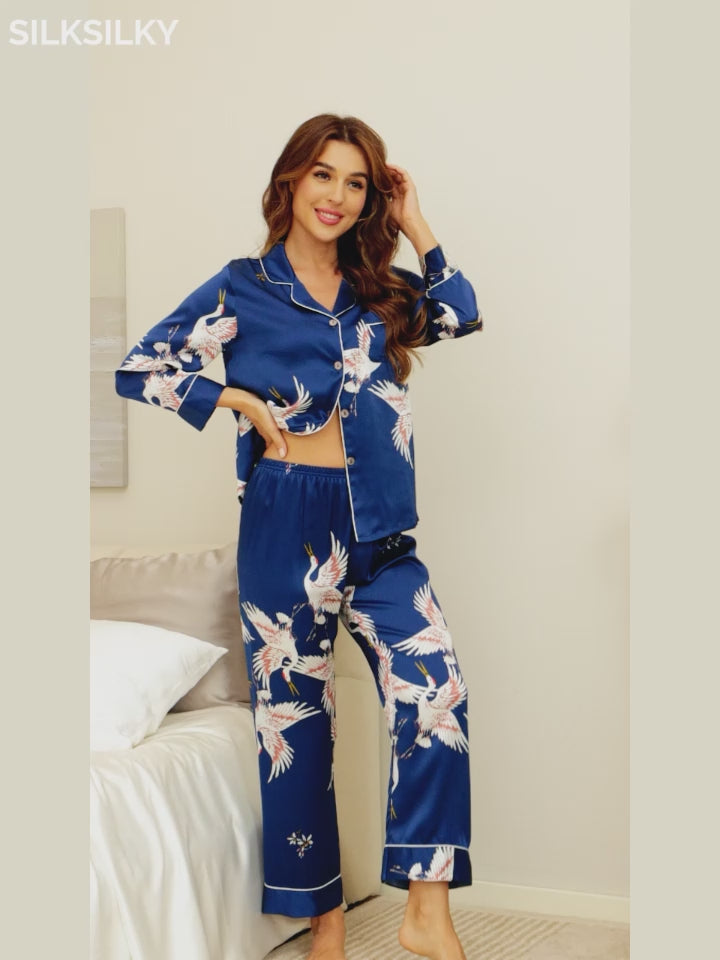 SilkSilky-FR-19Momme-Pure-Soie-Manches-longues-Revers-Femme-Pyjamas-video-001