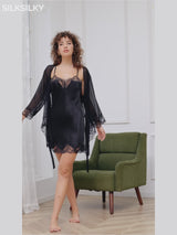 SilkSilky-FR Pure Soie Trois-quart Nightgown&Robe Set-video-001