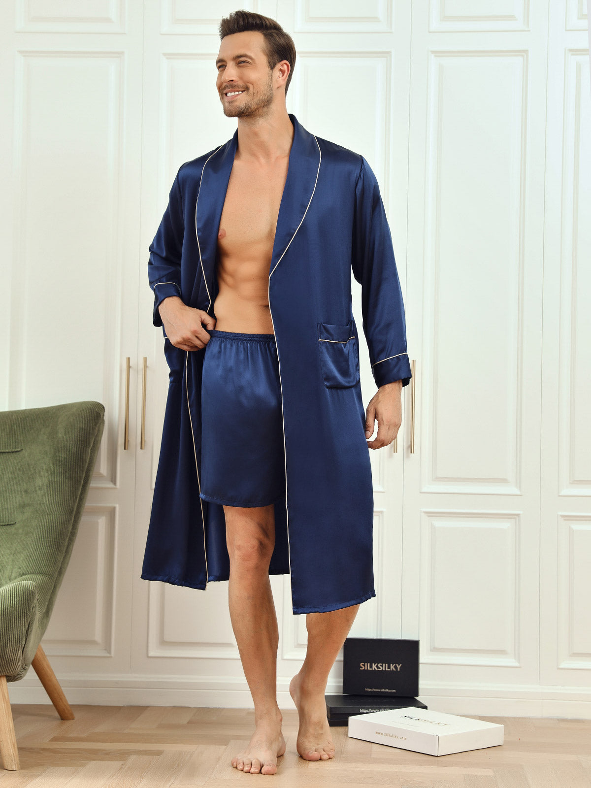 SilkSilky FR Pure Soie Manches longues Mens Robe BleuFoncé 001