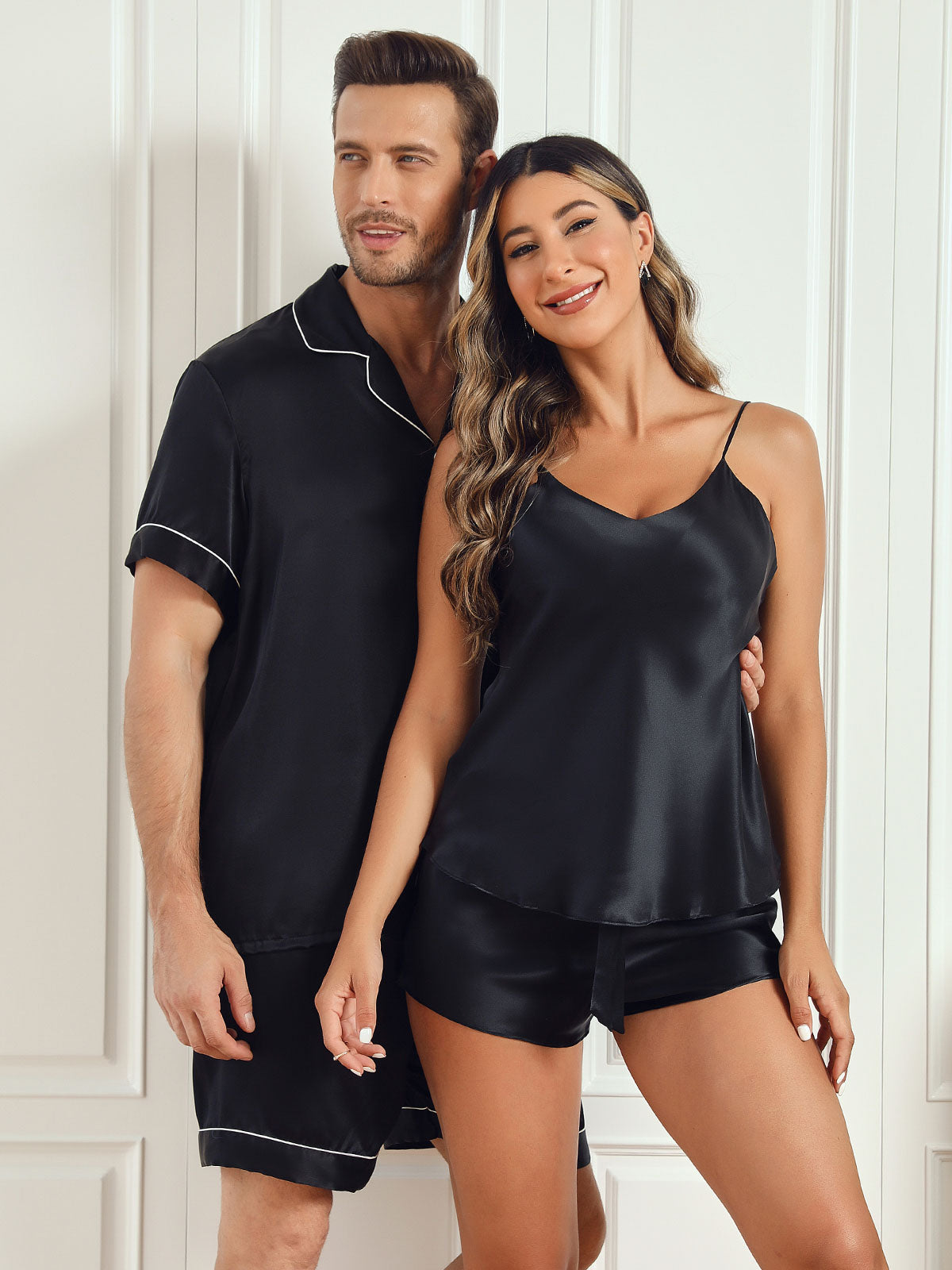 SilkSilky FR Pure Soie Manches courtes Couple Noir 003