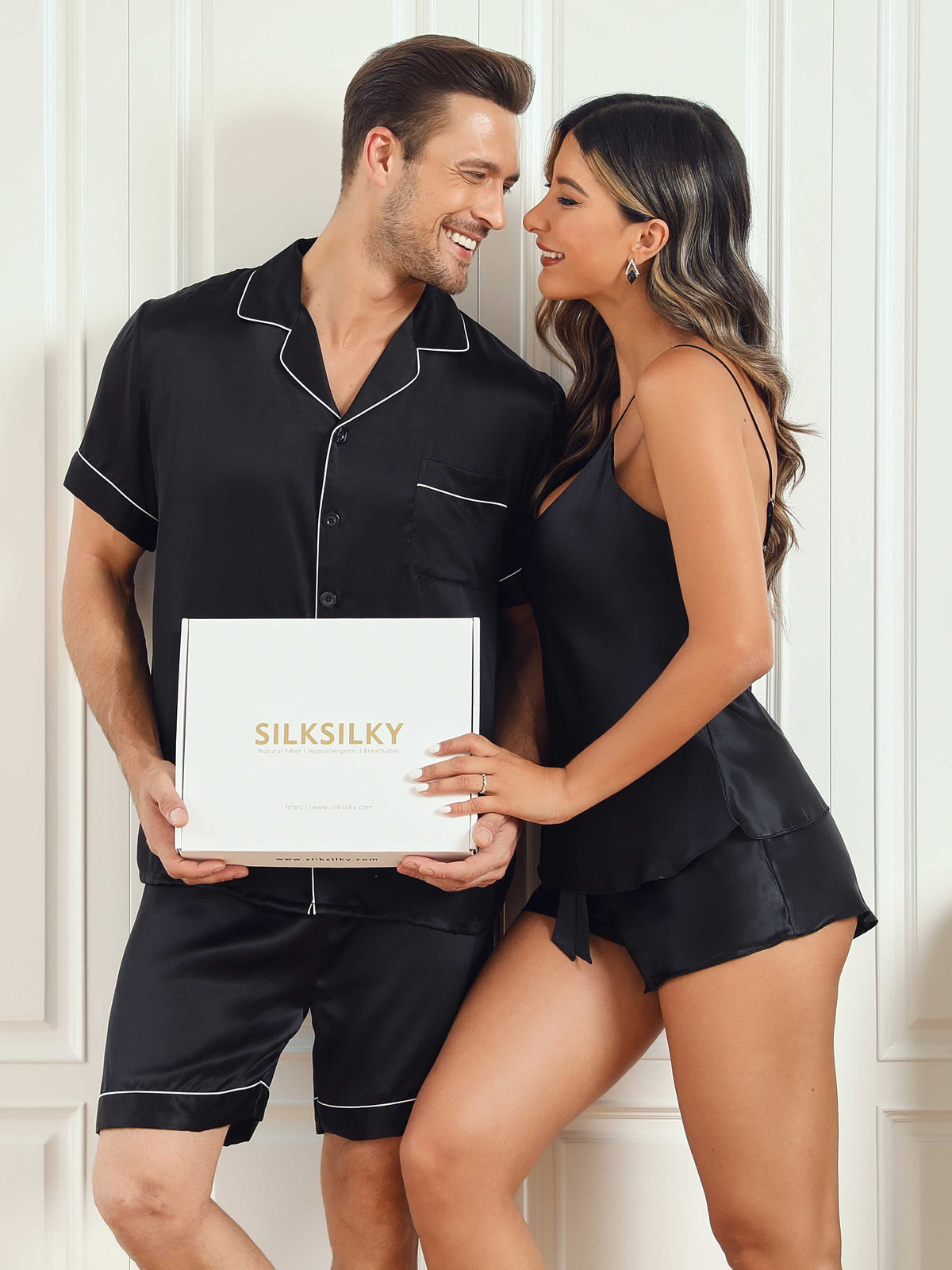 SilkSilky FR Pure Soie Manches courtes Couple Noir 005