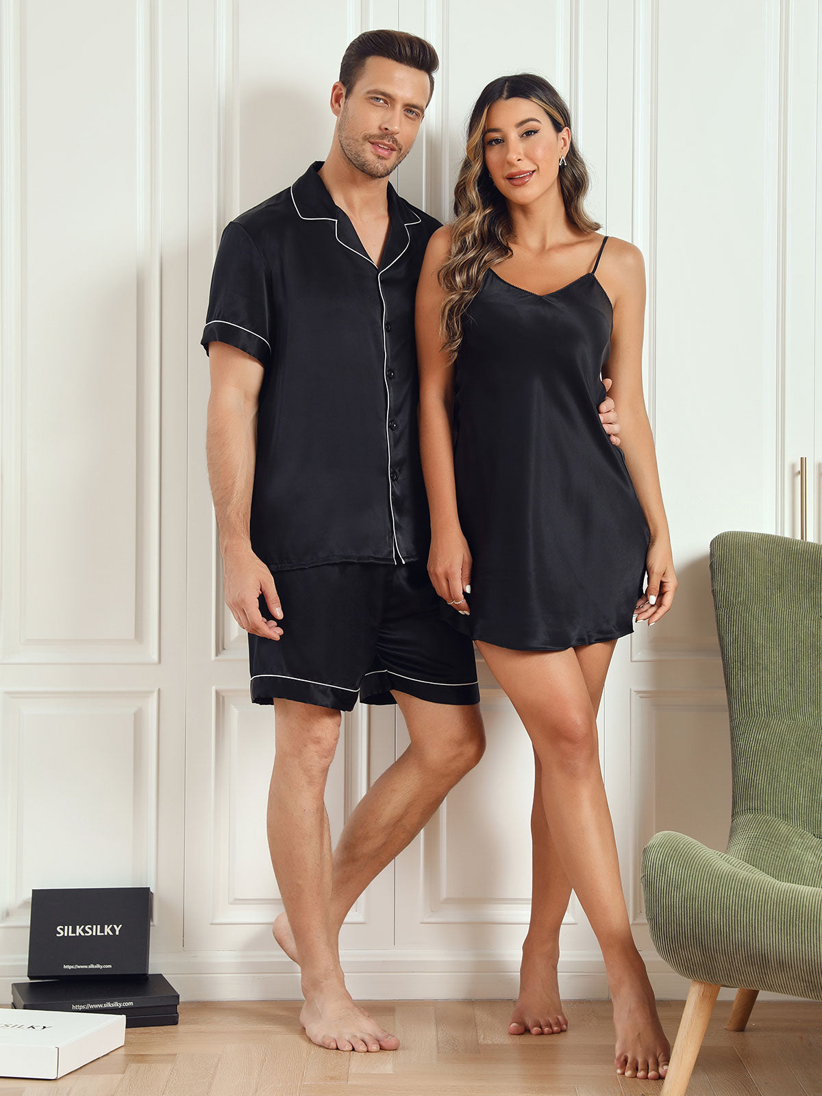 SilkSilky FR Pure Soie Manches courtes Couple Noir 003