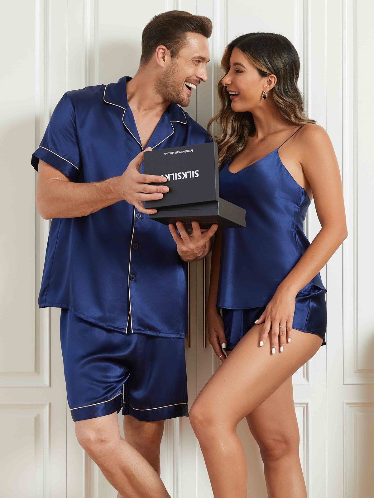 SilkSilky FR Pure Soie Manches courtes Couple BleuFoncé 001