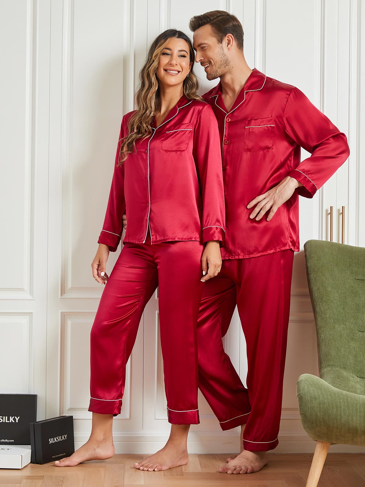 SilkSilky FR Pure Soie Manches longues Couple RougeVineux 003