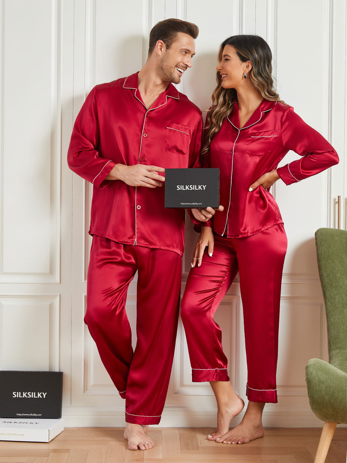 SilkSilky FR Pure Soie Manches longues Couple RougeVineux 001