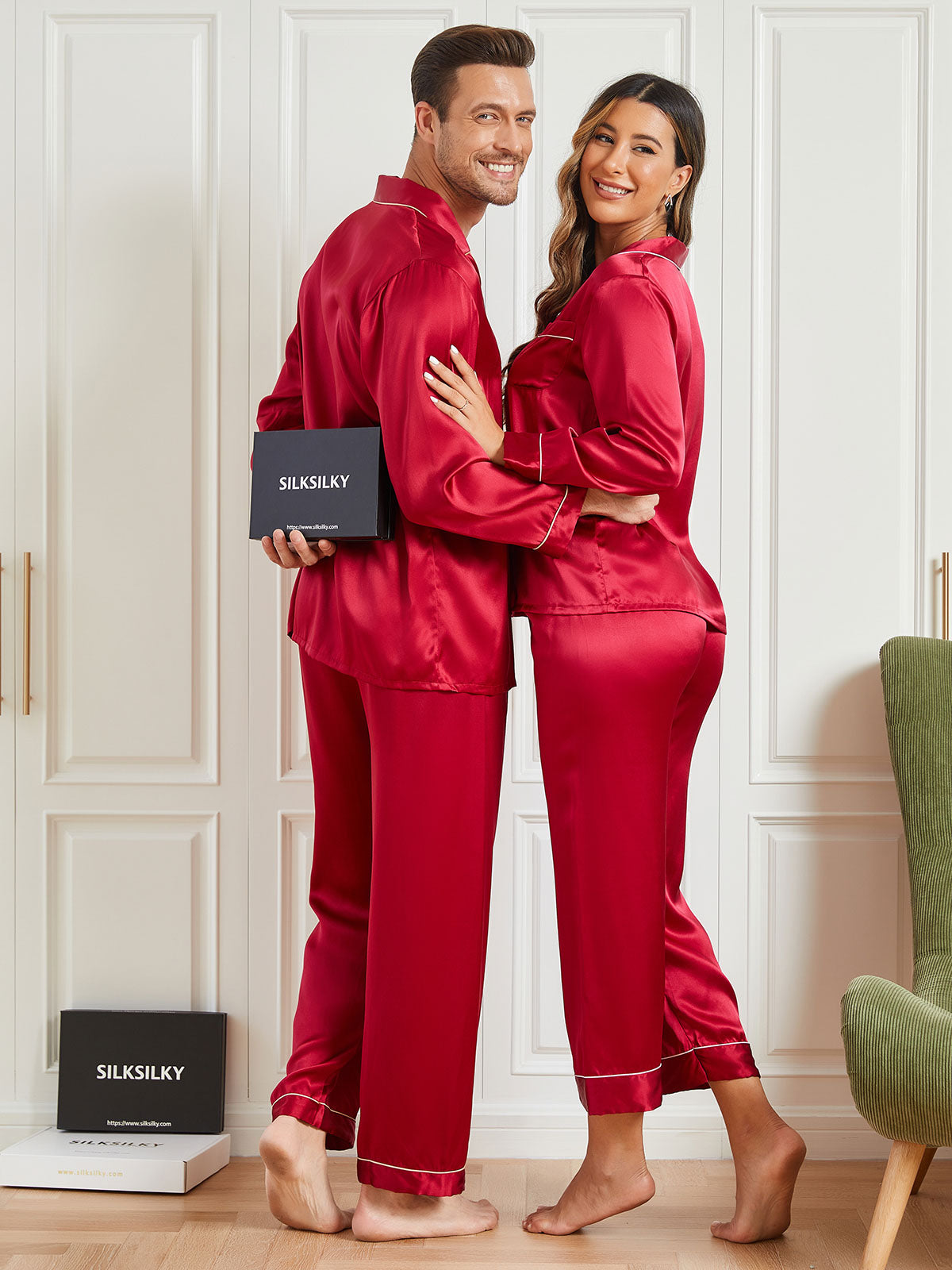 SilkSilky FR Pure Soie Manches longues Couple RougeVineux 005