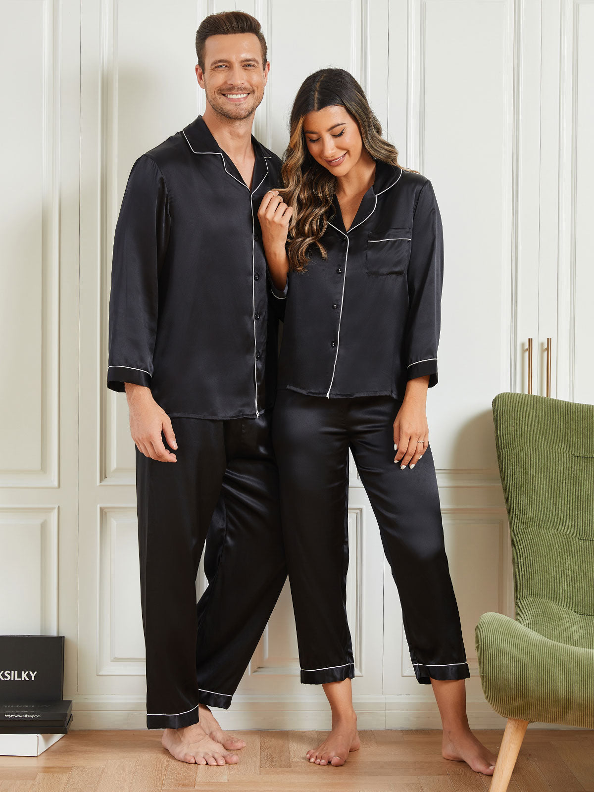 SilkSilky FR Pure Soie Manches longues Couple Noir 003