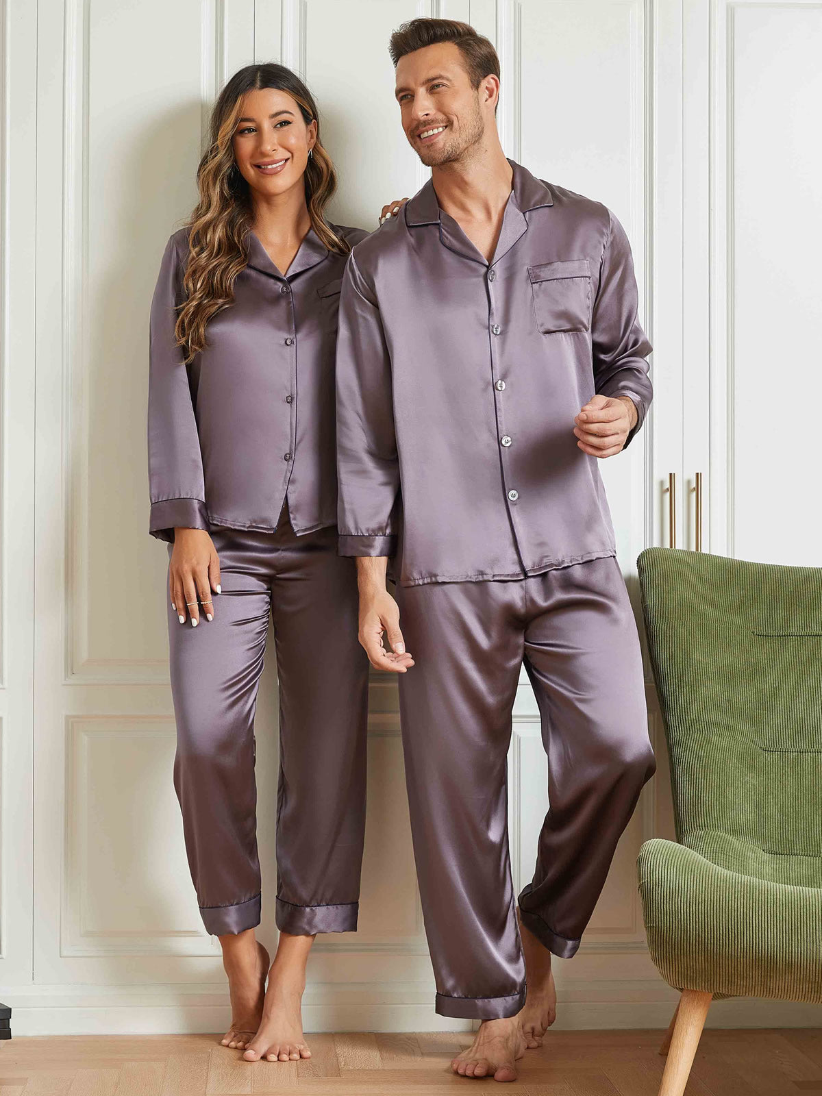 Ensembles de Pyjama Longs en Soie Pure pour Couple Total 4Pcs