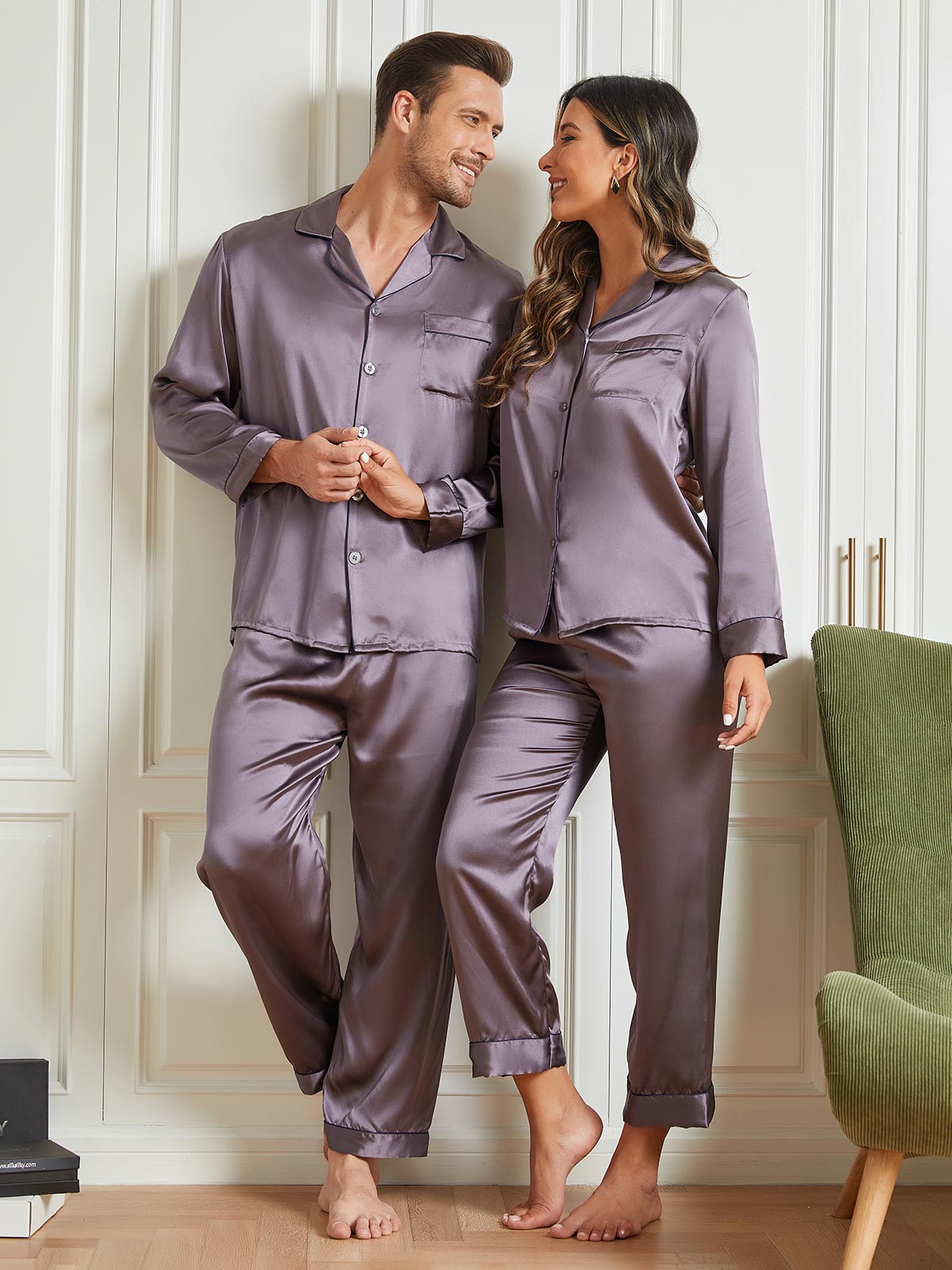 Ensembles de Pyjama Longs en Soie Pure pour Couple Total 4Pcs