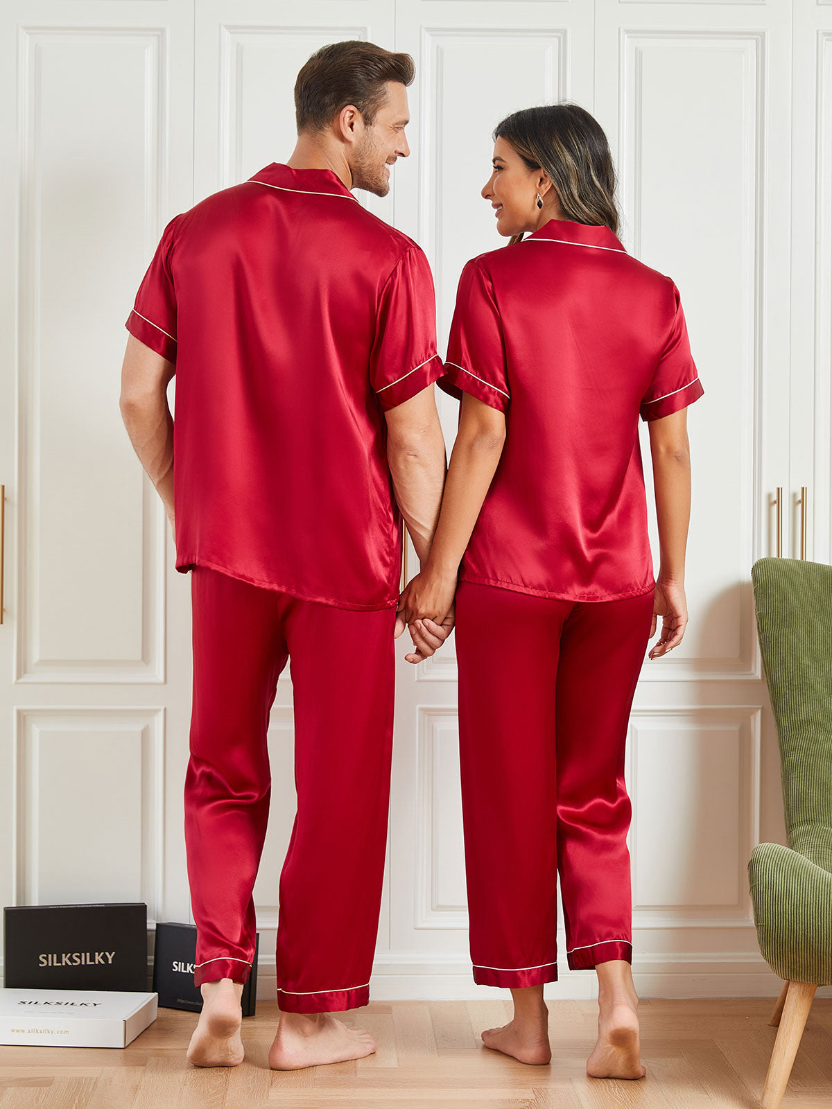 SilkSilky FR Pure Soie Manches courtes Couple RougeVineux 001