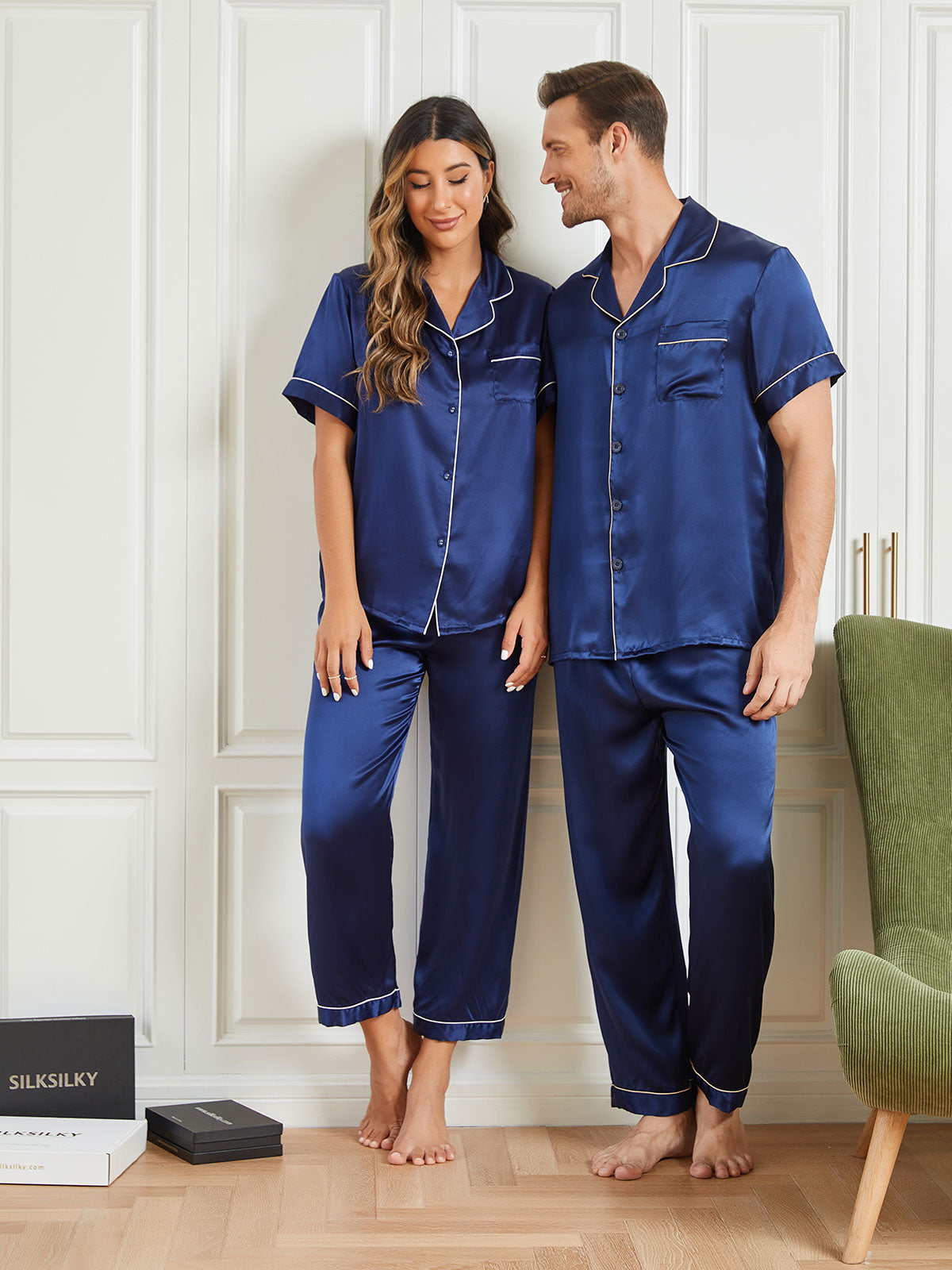 SilkSilky FR Pure Soie Manches courtes Couple BleuFoncé 004