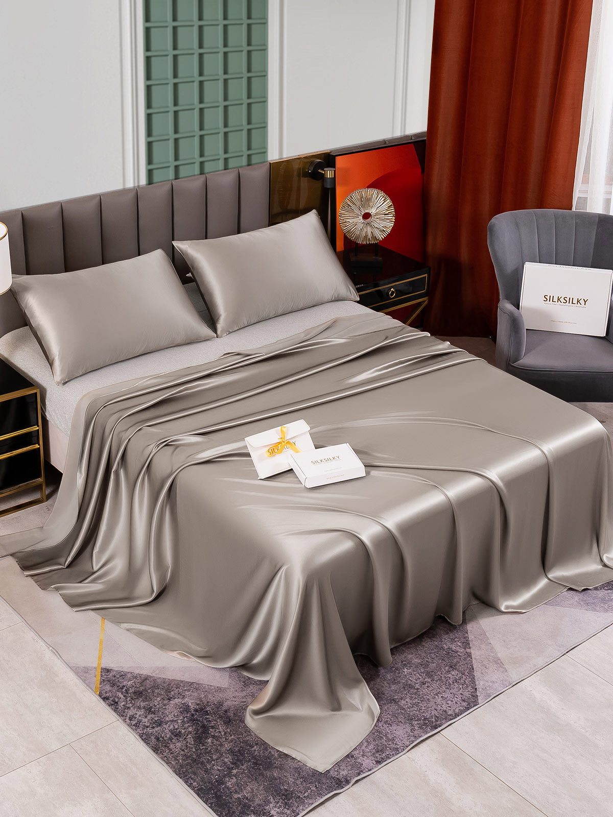 SilkSilky FR 25Momme Pure Soie Bedding Set Gris 002