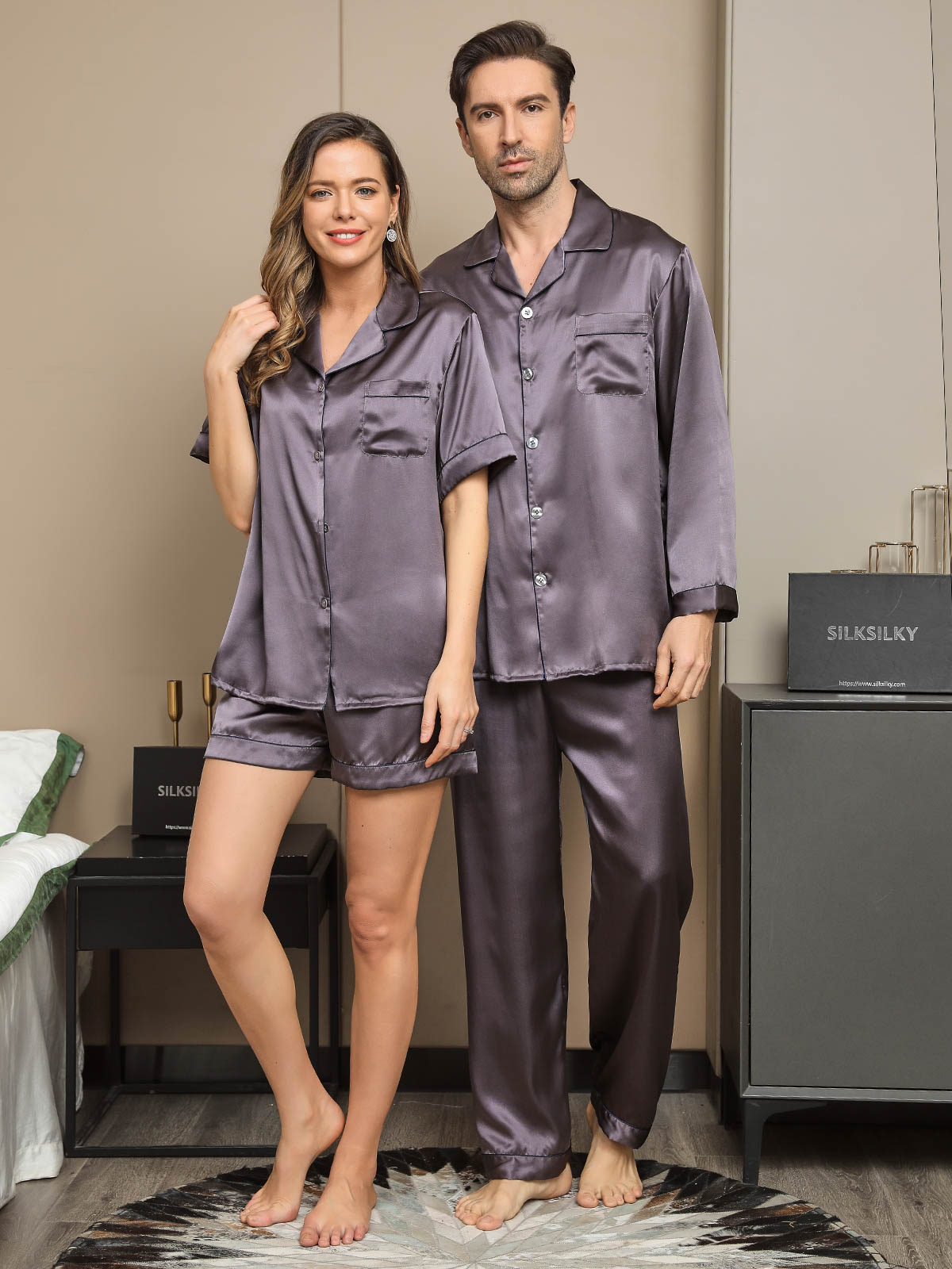[Gris Pourpre] SilkSilky-FR Pure Soie Manches courtes Couple 001
