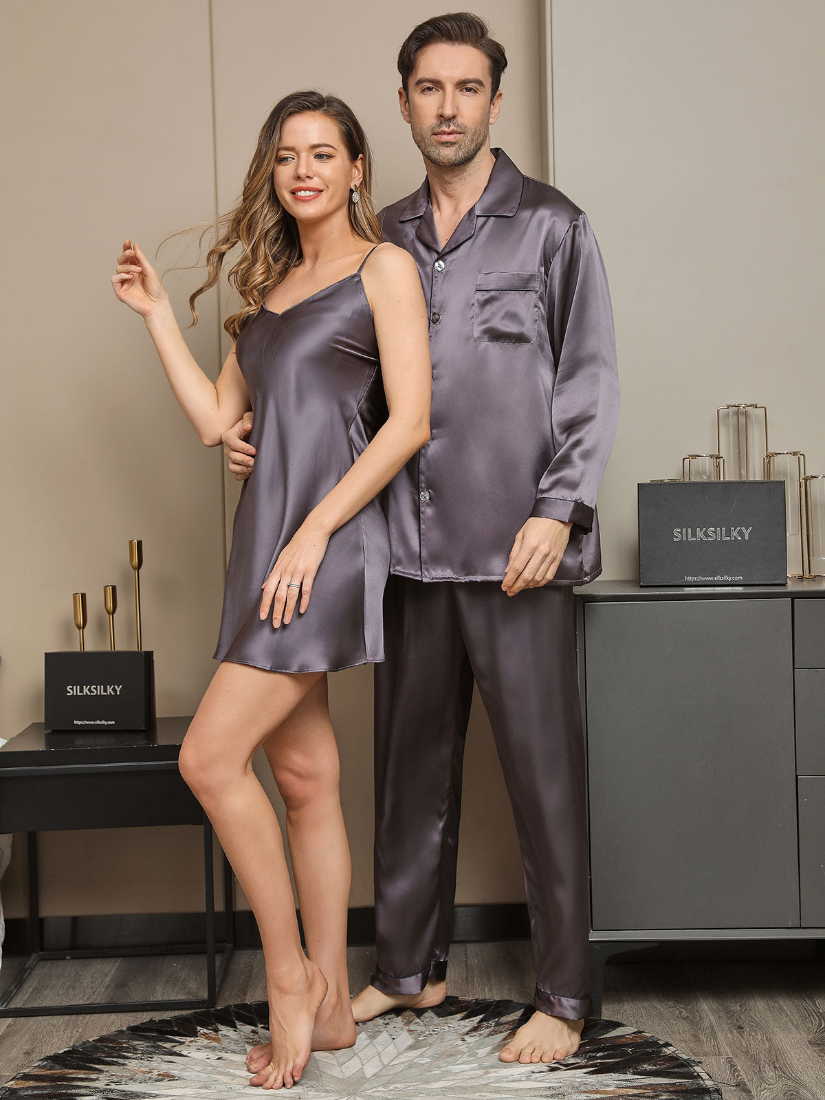 [Gris Pourpre] SilkSilky-FR Pure Soie Manches longues Couple 004