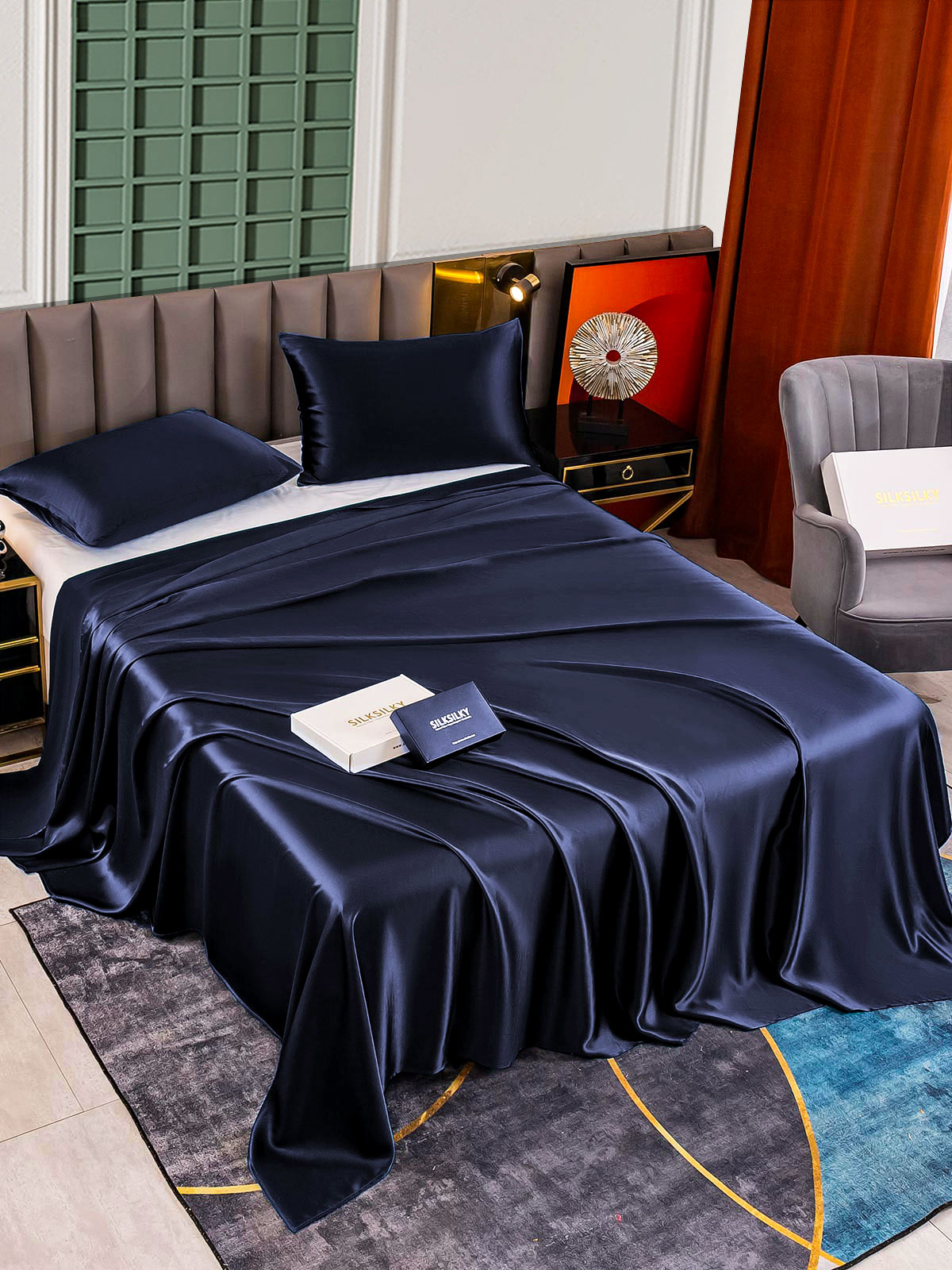 SilkSilky FR 25Momme Pure Soie Bedding Set BleuFoncé 002