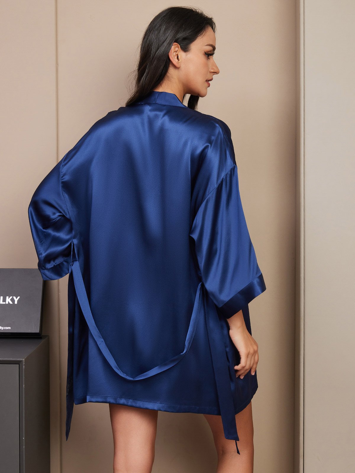 SilkSilky FR Pure Soie Col en V Peignoir&Robe de Chambre BleuFoncé 002