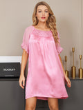 SilkSilky FR Pure Soie Manches courtes Col Bateau Chemises de nuit Rose 005